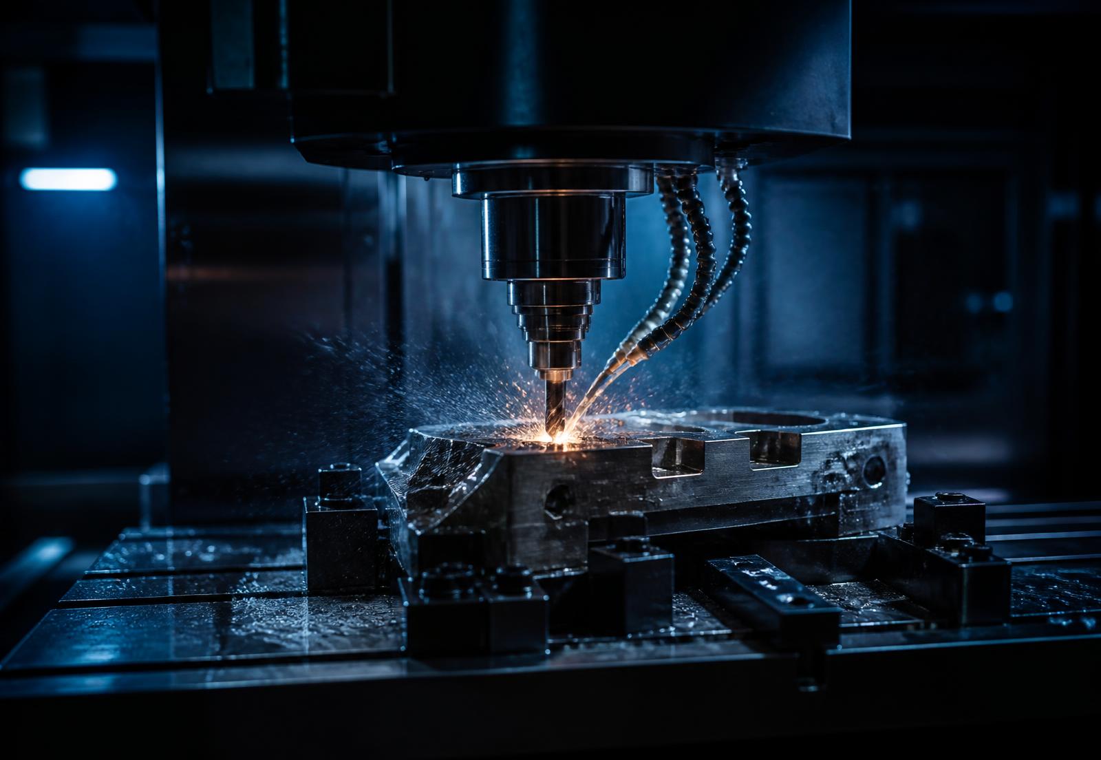 CNC machining centre cutting a steel component at Vishwakarma Engineers workshop